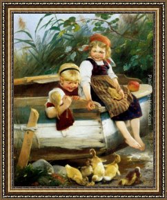 Feeding Framed Paintings - Feeding The Ducklings by Karl Raupp