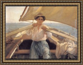 The Men That Man The Life Boat Framed Paintings - A Young Man In A Boat by Laureano Barrau