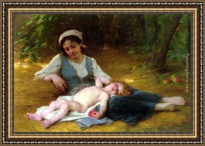 Jeune Bergere Debout Framed Paintings - Jeune mere et enfant endormie by Leon Bazile Perrault