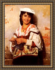 Jeune Bergere Debout Framed Paintings - Jeune Fille Italienne by Leon Bonnat
