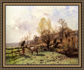 A Milkmaid with Her Cows on a Summer Day Framed Paintings - A Pastoral Scene with a Milkmaid and a Cow by Leon Germain Pelouse