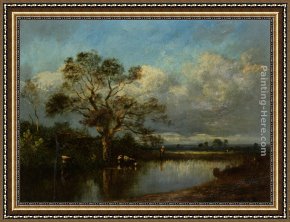 An Autumn Landscape with Cows Near a Stream Framed Paintings - Cows in a Landscape by Leon Victor Dupre