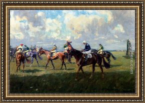 Perseus Frees Andromeda Framed Paintings - Lord Woolavington's Montrose And Lord Derby's Highlander At The Start Of The Free Handicap At Newmarket, April 6, 1933 by Lionel Edwards