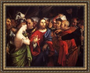 Lotto Framed Paintings - Christ And The Adulteress by Lorenzo Lotto