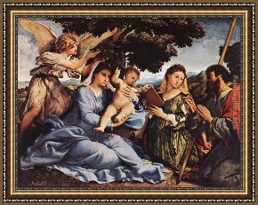 Saint Cosmas And Saint Damian Salvaged Framed Paintings - Madonna and Child with Saints and an Angel by Lorenzo Lotto