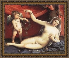 The Education of Cupid Framed Paintings - Venus and Cupid by Lorenzo Lotto