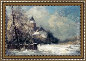 Pheasants in The Snow Framed Paintings - A Church In A Snow Covered Landscape by Louis Apol