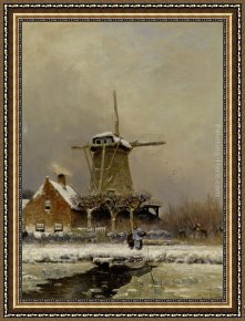 Figure Modern Framed Paintings - Figures by a windmill in a snow covered landscape by Louis Apol