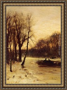 A Winter Landscape with Skaters Near a Village Framed Paintings - Figures In A Winter Landscape At Dusk by Louis Apol