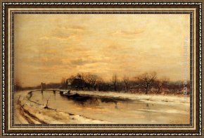 The Pear Orchard Framed Paintings - Winter An Orchard Alongside A Canal With A Farmhouse In The Distance At Dusk by Louis Apol
