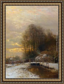 A Winter Landscape with Skaters Near a Village Framed Paintings - Winter Landscape with Peasant Woman and Child by Louis Apol