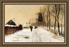 Wood Framed Paintings - Wood Gatherers On A Country Lane In Winter by Louis Apol