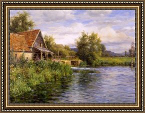 Cottage,rainbow,mill Framed Paintings - Cottage by the River by Louis Aston Knight