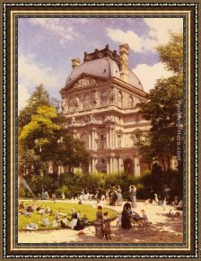 Jardin Framed Paintings - Les Jardins Du Carrousel Et Le Pavillon Richelieu A Paris by Louis Beroud