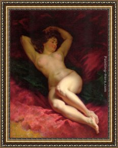 Eze-sur-mer Framed Paintings - Nu sur drape rouge by Louis Beroud