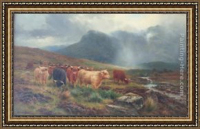 Cattle in a Pasture Framed Paintings - Highland Cattle Showers that Veil the Distant Hills by Louis Bosworth Hurt
