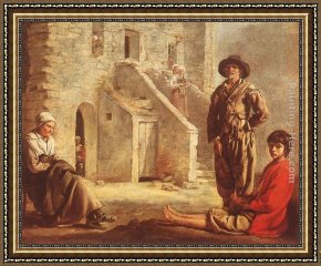 Nain Framed Paintings - Peasants at their Cottage Door by Louis Le Nain