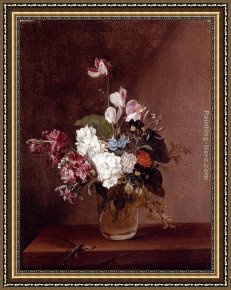 Floral Still Life in a Blue And White Porcelain Vase Framed Paintings - Still Life With Garden Flowers In A Glass Vase And A Dragonfly by Louis-Leopold Boilly
