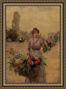 The Carpet Seller Framed Paintings - A Flower Seller Near The Arc De Triomphe by Louis Marie de Schryver
