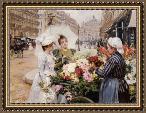 The Carpet Seller Framed Paintings - The Flower Seller, Avenue de L'Opera, Paris by Louis Marie de Schryver