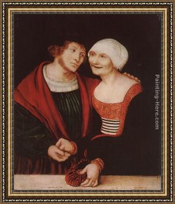 Lovers Man And Woman Framed Paintings - Amorous Old Woman and Young Man by Lucas Cranach the Elder
