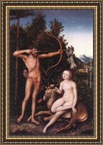 Diana And Acteon Framed Paintings - Apollo and Diana by Lucas Cranach the Elder