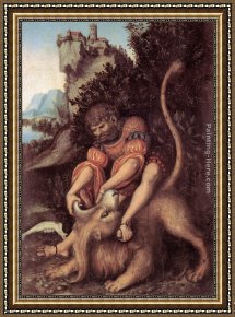 Elders Framed Paintings - Samson's Fight with the Lion by Lucas Cranach the Elder