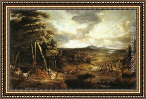 Flight Framed Paintings - Landscape with the Flight into Egypt by Lucas Van Uden