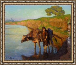 Jeune Bergere Debout Framed Paintings - Jeune fille avec la buffle by Ludwig Deutsch