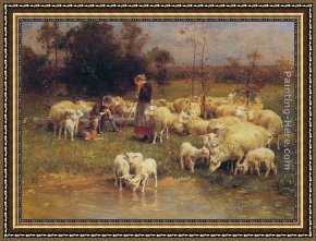 A Shepherd And His Dog Guarding a Flock of Sheep Framed Paintings - Guarding the Flock by Luigi Chialiva