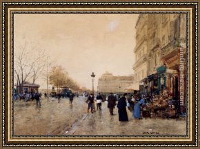 Louvre Framed Paintings - Paris, Le Louvre, Le Quai De La Megisserie Et Les Marchands D'Oiseaux by Luigi Loir