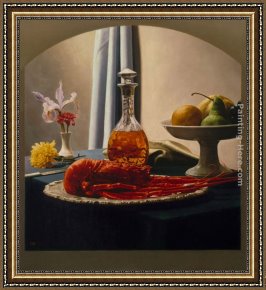 Luis Framed Paintings - Still Life with Bourbon and Lobster by Luis Jose Estremadoyro