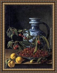 Luis Framed Paintings - Still-Life with Fruit and a Jar by Luis Melendez