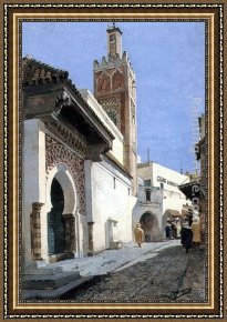 Street Framed Paintings - A Street Scene with a Mosque, Tangier by Manuel Garcia y Rodriguez