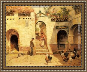Feeding Framed Paintings - Feeding Poultry in a Courtyard by Manuel Garcia y Rodriguez