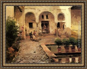 Figure Modern Framed Paintings - Figures in a Spanish Courtyard by Manuel Garcia y Rodriguez