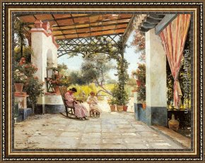 The Daughters of Judah in Babylon Framed Paintings - Mother and Daughter Sewing on a Patio by Manuel Garcia y Rodriguez