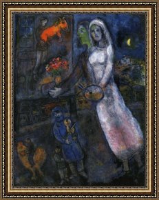 Chagall Framed Paintings - Newlyweds and Violinist by Marc Chagall