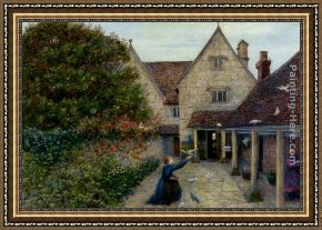 Feeding Framed Paintings - Feeding The Doves At Kelmscott Manor, Oxfordshire by Maria Spartali Stillman