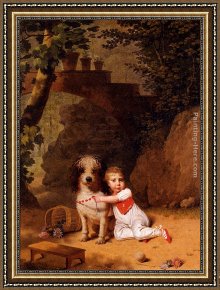 Portrait of a Young Boy Framed Paintings - Portrait Of A Little Boy Placing A Coral Necklace On A Dog, Both Seated In A Parkland Setting by Martin Drolling