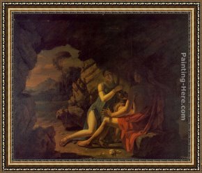 D'amour Framed Paintings - Sappho et Phaon Chantant Leurs Amours Dans Une Grotte by Martin Drolling