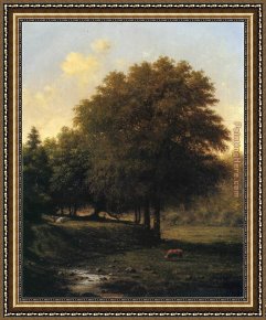 An Autumn Landscape with Cows Near a Stream Framed Paintings - Cows in a Landscape by Martin Johnson Heade