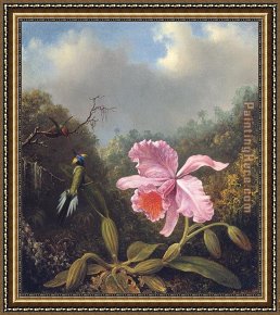 The Fighting Temeraire Tugged to Her Last Berth to Be Broken Up Framed Paintings - Fighting Hummingbirds with Pink Orchid by Martin Johnson Heade