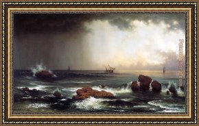 Sunrise Framed Paintings - Hazy Sunrise at Sea by Martin Johnson Heade