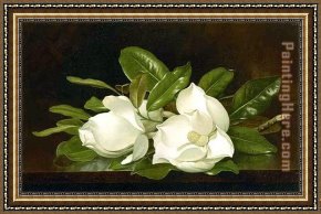Musician's Table Framed Paintings - Magnolias on a Wooden Table by Martin Johnson Heade