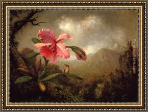 Waterfall Framed Paintings - Orchid and Hummingbird near a Mountain Waterfall by Martin Johnson Heade