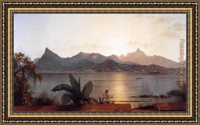 Rio Della Maddalena Framed Paintings - Sunset, Harbor at Rio by Martin Johnson Heade