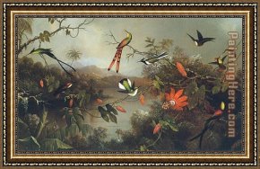 Tropical Framed Paintings - Tropical Landscape with Ten Hummingbirds 1870 by Martin Johnson Heade