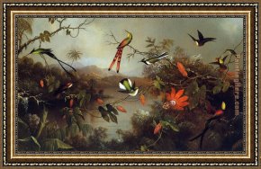 Landscape with a Lake Framed Paintings - Tropical Landscape with Ten Hummingbirds by Martin Johnson Heade