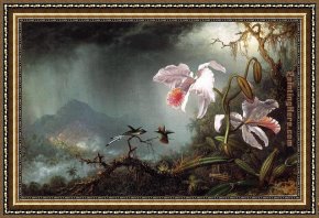 The Fighting Temeraire Tugged to Her Last Berth to Be Broken Up Framed Paintings - Two Fighting Hummingbirds with Two Orchids by Martin Johnson Heade